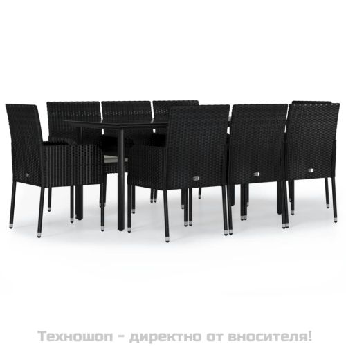 Градински трапезен комплект възглавници 9 части черен полиратан