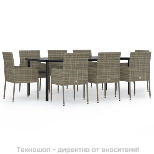 Градински трапезен комплект 9 части с възглавници сив полиратан
