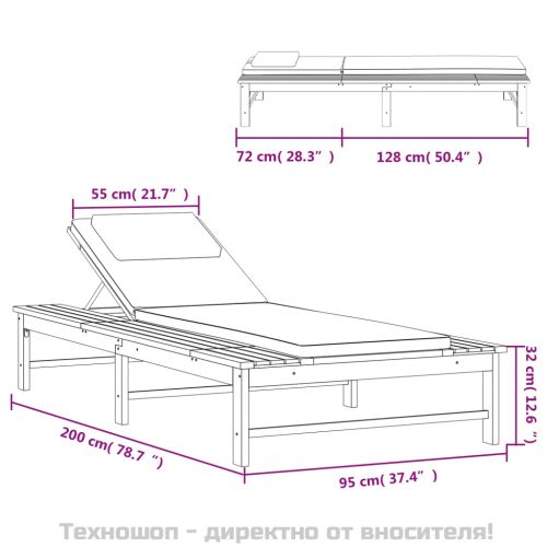 Шезлонг с тъмносиви шалте и възглавница, акациево дърво масив