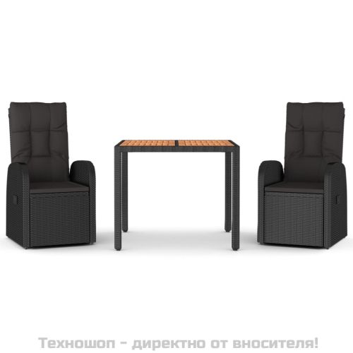 Градински комплект от 3 части с възглавници черни полиратан