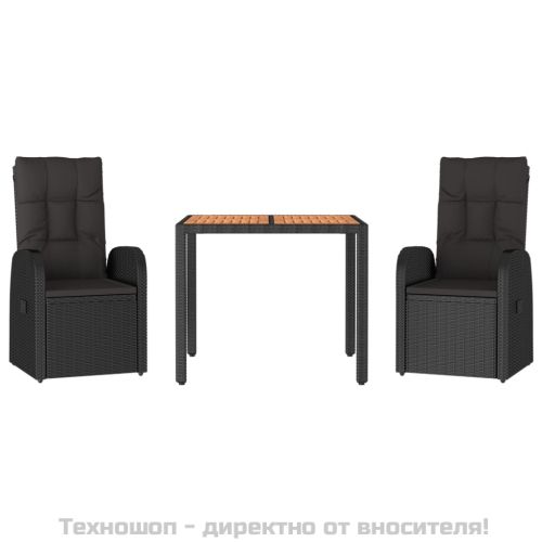 Градински комплект от 3 части с възглавници черни полиратан