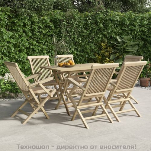 Градински трапезен комплект, сив,  7 части, тиково дърво масив