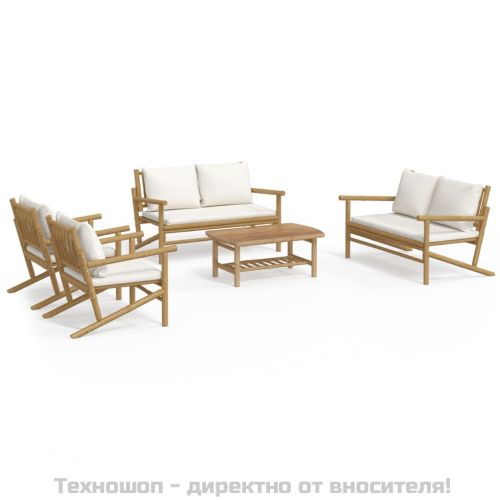 Градински лаундж комплект с кремави възглавници 5 части бамбук
