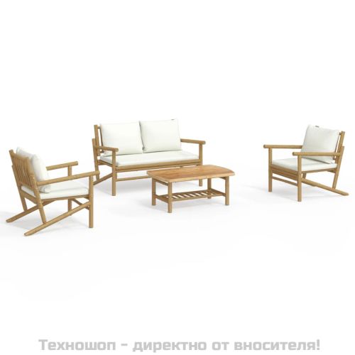 Градински лаундж комплект с кремави възглавници 4 части бамбук