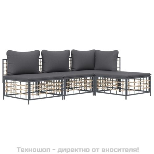 Градински комплект от 4 части с възглавници антрацит полиратан