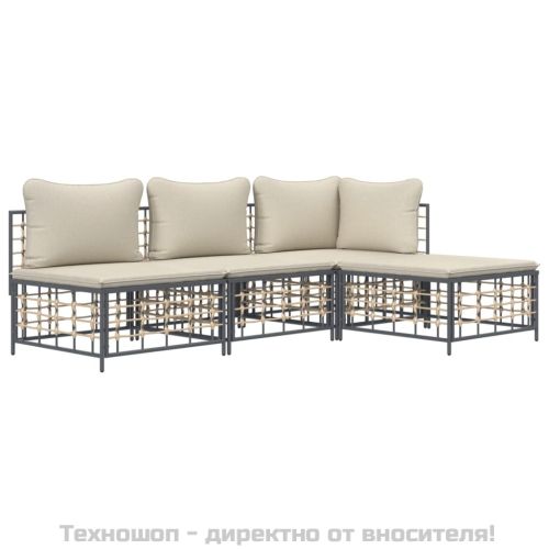 Градински комплект от 4 части с възглавници антрацит полиратан