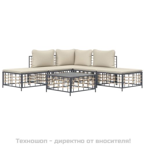 Градински комплект с възглавници 6 части антрацит полиратан