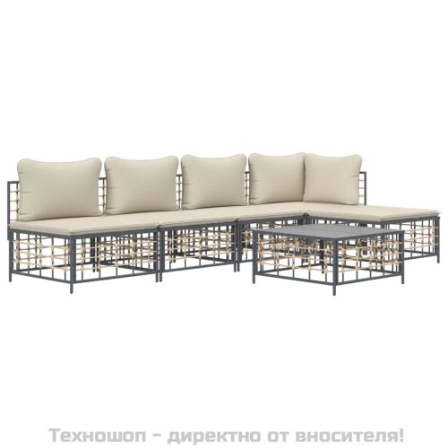 Градински комплект с възглавници 6 части антрацит полиратан