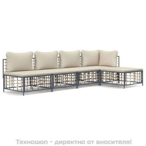 Градински комплект с възглавници 5 части антрацит полиратан