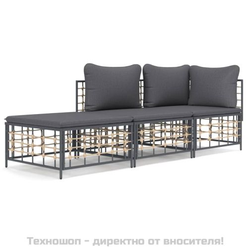 Градински комплект с възглавници 3 части антрацит полиратан