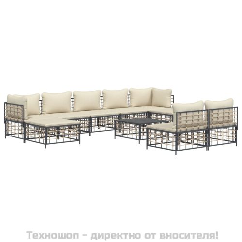 Градински комплект с възглавници 10 части антрацит полиратан