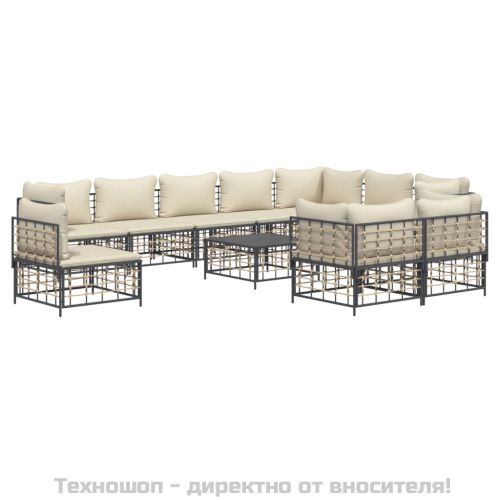 Градински комплект от 11 части с възглавници антрацит полиратан