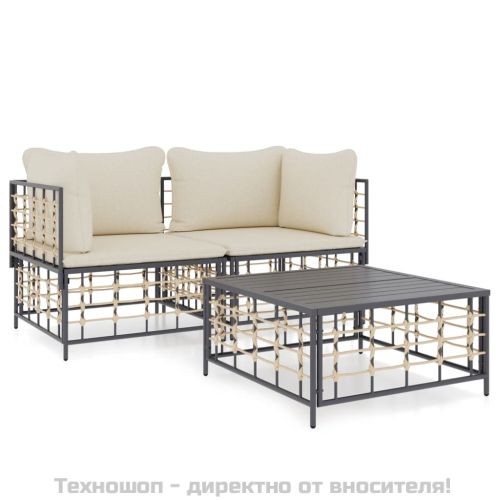 Градински комплект с възглавници 3 части антрацит полиратан