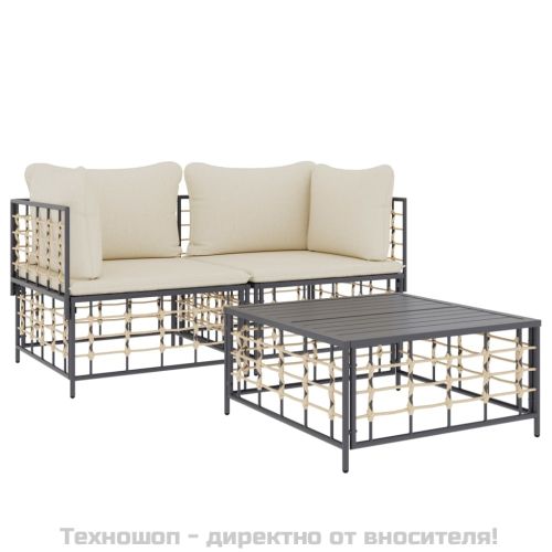 Градински комплект с възглавници 3 части антрацит полиратан