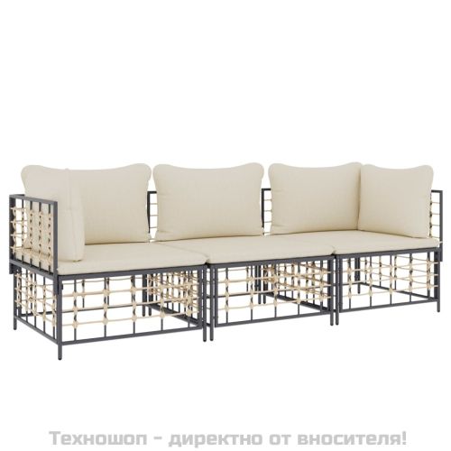 Градински комплект с възглавници 3 части антрацит полиратан