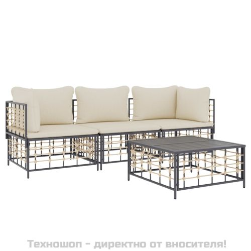 Градински комплект от 4 части с възглавници антрацит полиратан