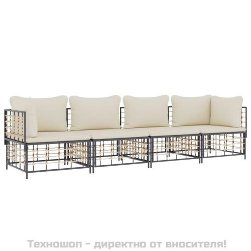 Градински комплект от 4 части с възглавници антрацит полиратан