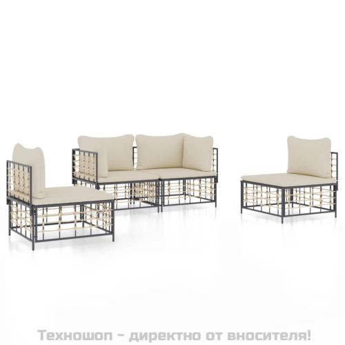 Градински комплект с възглавници 4 части антрацит полиратан