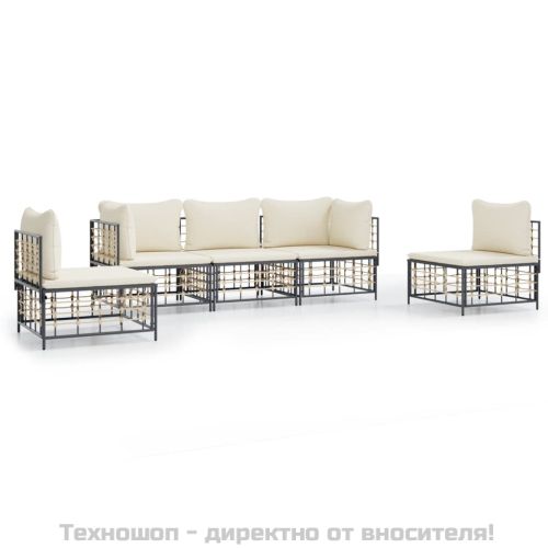 Градински комплект с възглавници 5 части антрацит полиратан