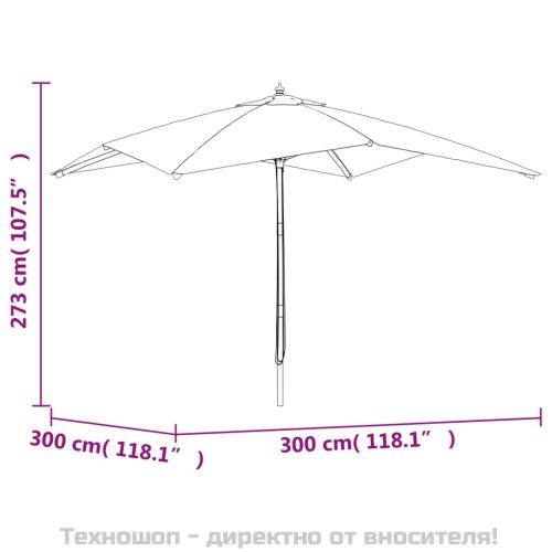 Градински чадър с дървен прът, черен, 300x300x273 см