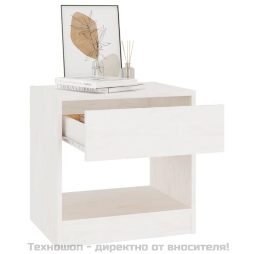 Нощно шкафче, бяло, 40x31x40 см, борово дърво масив