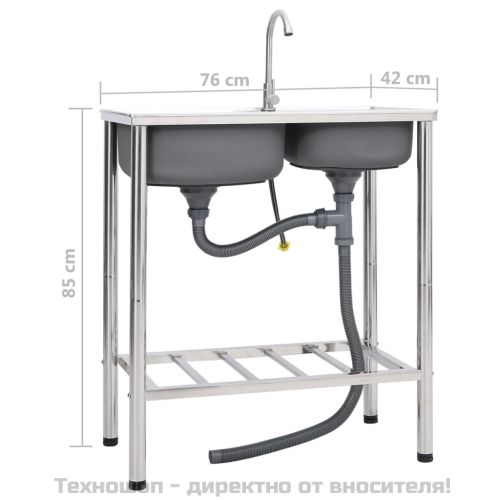 Къмпинг мивка, двойно корито, с кран, неръждаема стомана