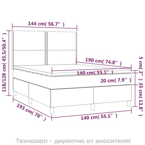 Боксспринг легло с матрак и LED, синьо, 140x190 см, плат