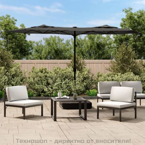 Градински чадър с двоен покрив и LED, антрацит, 316x145 см