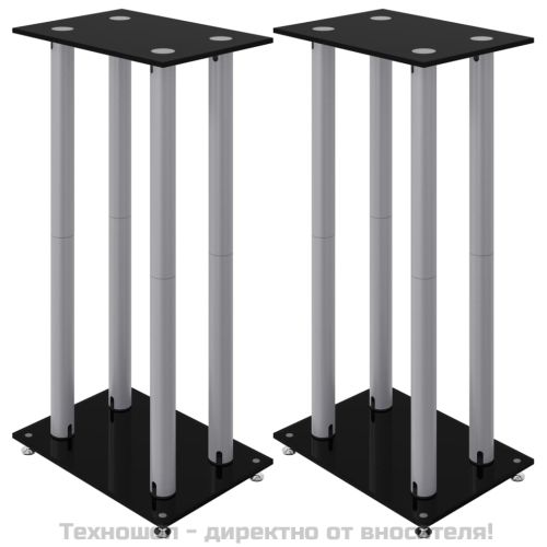 Стойки за тонколони 2 бр черно/сребро закалено стъкло 4 стълба