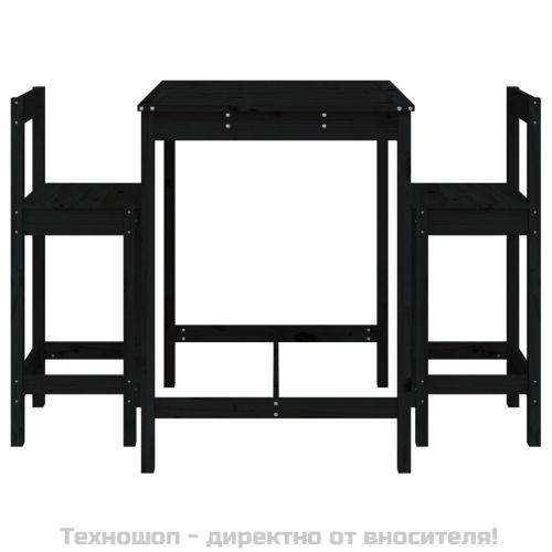 Градински бар комплект от 3 части, черен, масивно дърво бор