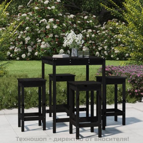 Градински бар комплект от 5 части, черен, масивно дърво бор