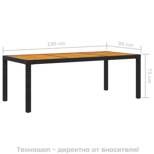 Градинска маса, 190x90x75 см, полиратан и акациево дърво, черна