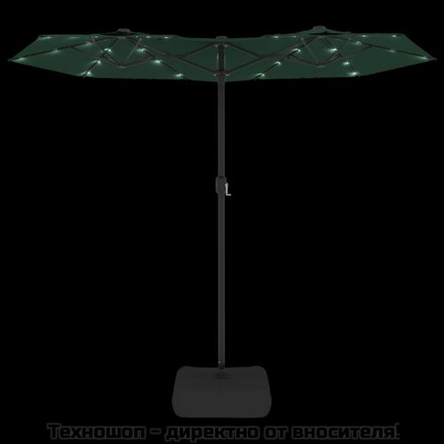 Градински чадър с двоен покрив и LED, зелен, 316x145 см