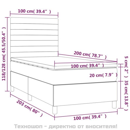 Боксспринг легло с матрак, тъмносиво, 100x200 см, кадифе