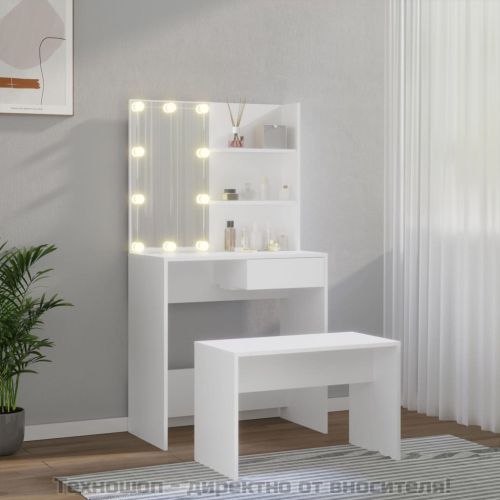 Комплект тоалетка с LED, бяла, инженерно дърво