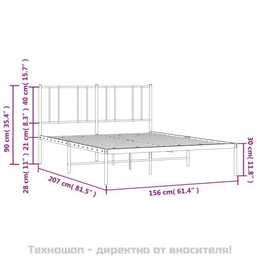 Метална рамка за легло с горна табла, черна, 150x200 см