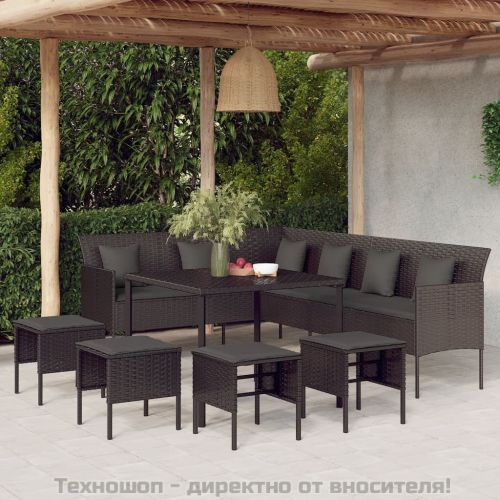 Градински комплект с възглавници, 6 части, черен, полиратан