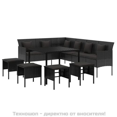 Градински комплект с възглавници, 6 части, черен, полиратан