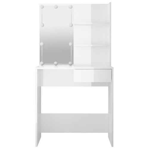 Тоалетка с LED, бял гланц, 74,5x40x141 см