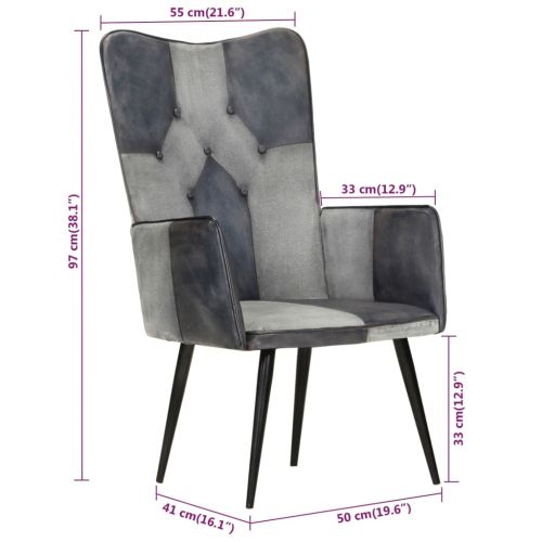 Wingback стол, сив, естествена кожа