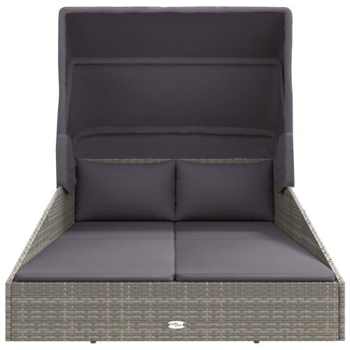 Шезлонг със сгъваем покрив, сив, 200x114x128 см, полиратан