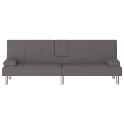 Разтегателен диван с поставки за чаши, сив, изкуствена кожа