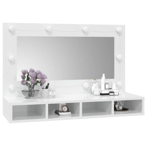 Огледален шкаф с LED, бял гланц, 90x31,5x62 см
