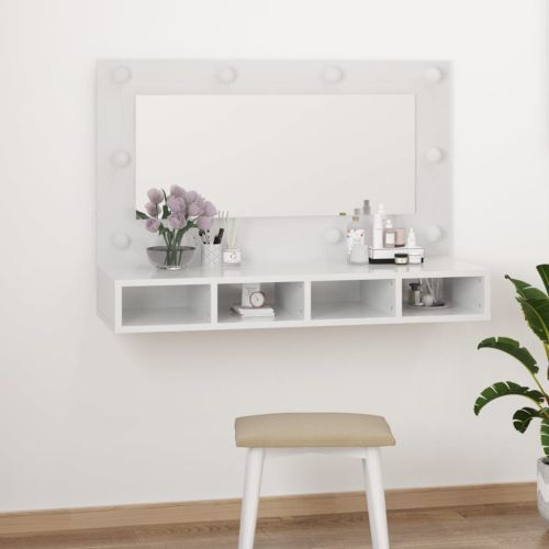 Огледален шкаф с LED, бял гланц, 90x31,5x62 см