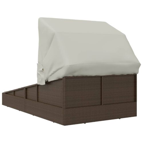 Шезлонг със сгъваем покрив, кафяв, 200x114x128 см, полиратан