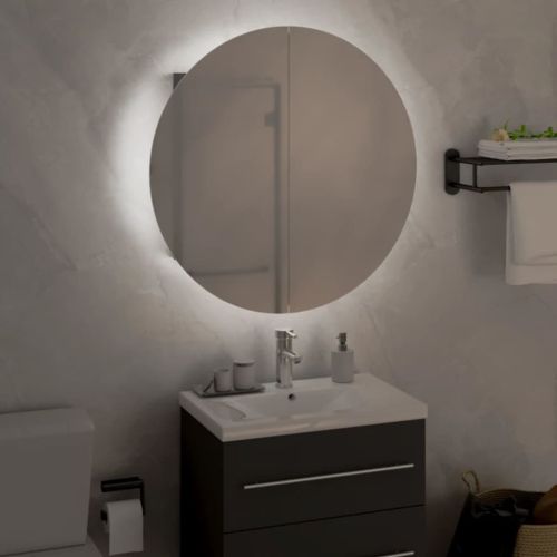Шкаф за баня с кръгло огледало и LED, сив, 47x47x17,5 см