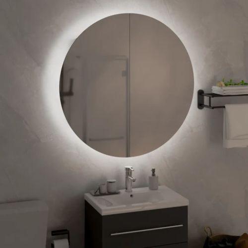 Шкаф за баня с кръгло огледало и LED, сив, 54x54x17,5 см