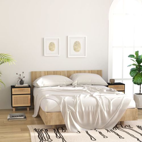 Нощни шкафчета, 2 бр, черни, бор масив и естествен ратан