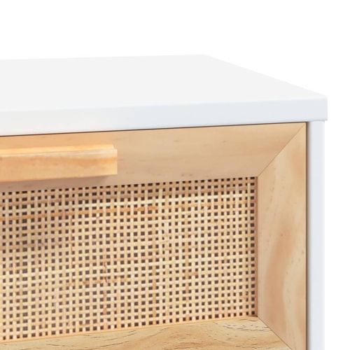 Конзолна маса, бяла, 80x30x75 см, бор масив и естествен ратан