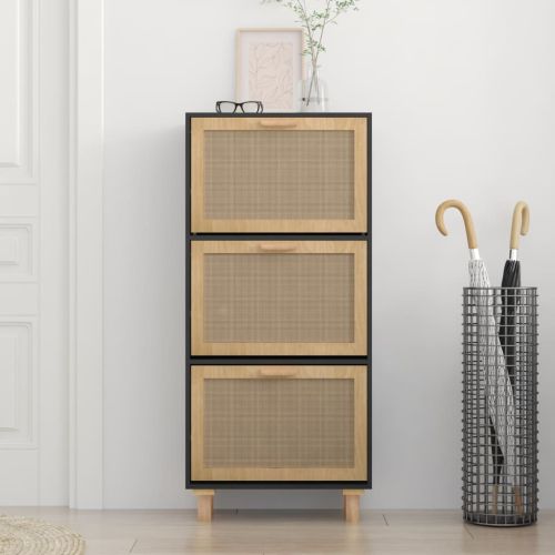 Шкаф за обувки черен 52x25x115 см инженерно дърво и ратан